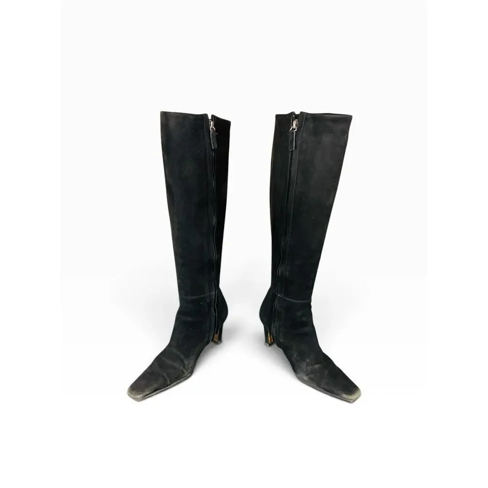 Chanel CC Tall Suede Riding Boots Black Knee High Almond Toe Heels EU 35 2001